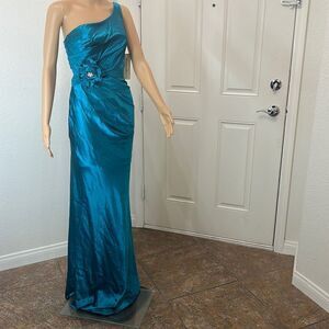 Cinderella Divine Dress XS One Shoulder Teal Green Diamond Floral Ruched Waist